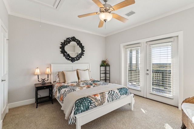 bedroom with access to outside, ceiling fan, carpet floors, and ornamental molding