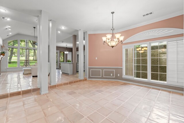 interior space with crown molding, light tile patterned flooring, vaulted ceiling, and a notable chandelier