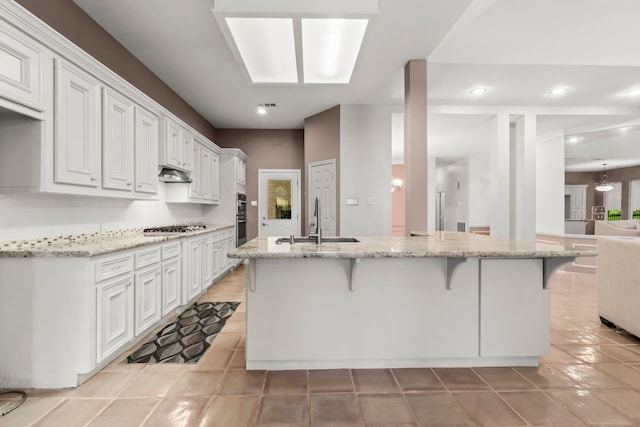 kitchen featuring white cabinetry, sink, light stone counters, a kitchen bar, and a kitchen island with sink