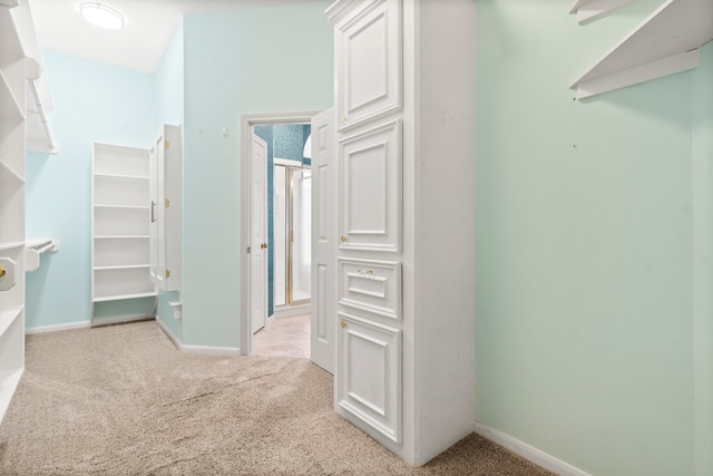 walk in closet with light colored carpet