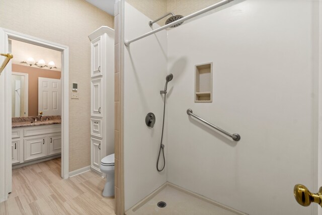 bathroom featuring a shower, vanity, and toilet