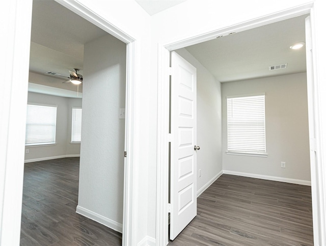 hallway with dark hardwood / wood-style floors