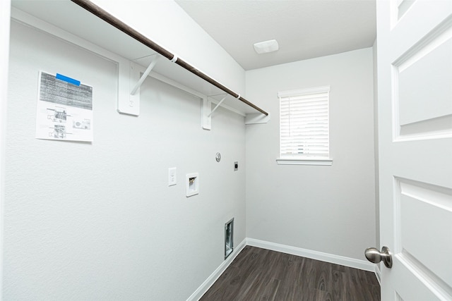 clothes washing area with hookup for a gas dryer, dark hardwood / wood-style flooring, washer hookup, and hookup for an electric dryer