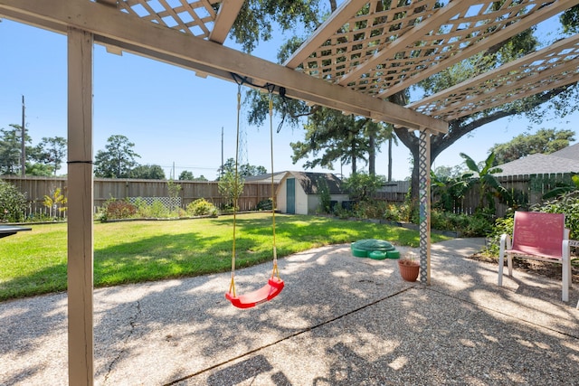 view of patio / terrace featuring a pergola and a storage shed