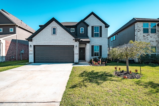 view of front of house featuring a front lawn and a garage