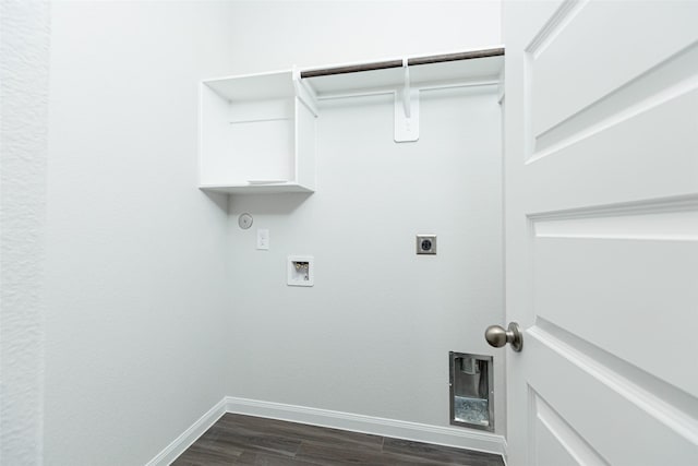 clothes washing area featuring hookup for an electric dryer, dark hardwood / wood-style flooring, gas dryer hookup, and washer hookup