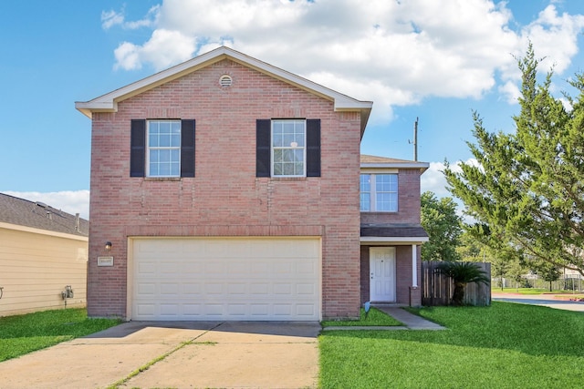 traditional-style home with a front yard, brick siding, driveway, and an attached garage