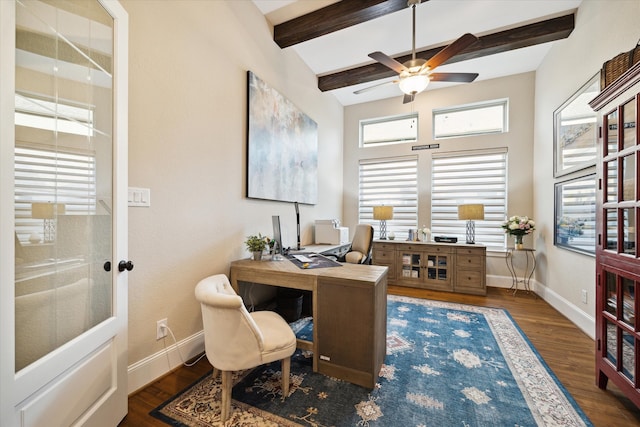 home office featuring ceiling fan, dark hardwood / wood-style flooring, and beamed ceiling