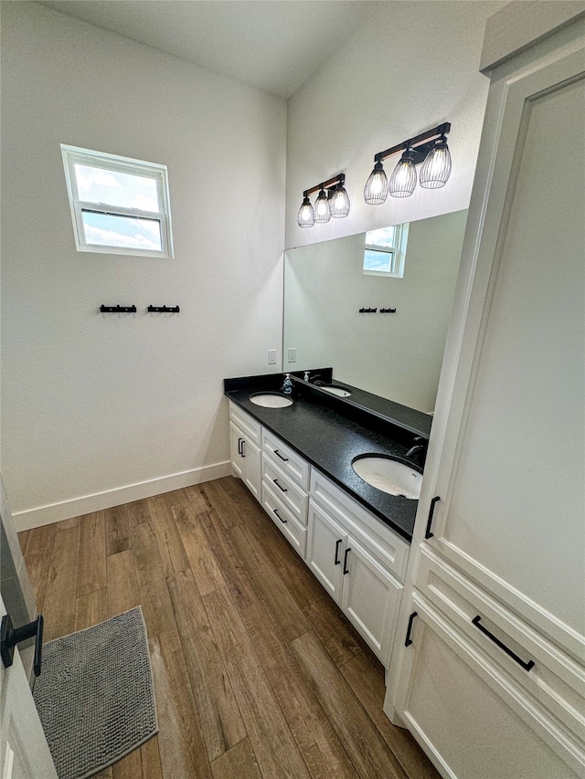 bathroom with hardwood / wood-style floors, vanity, and a healthy amount of sunlight