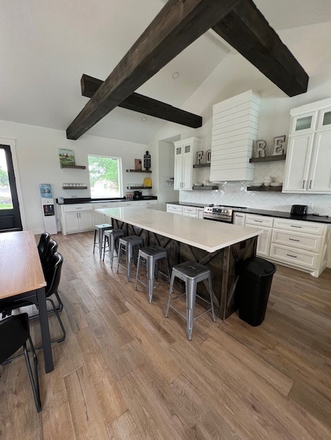 kitchen with light hardwood / wood-style flooring, tasteful backsplash, a large island, a kitchen bar, and white cabinetry