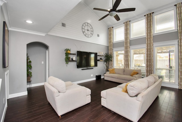 living room with ceiling fan, high vaulted ceiling, and dark hardwood / wood-style floors