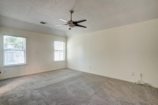 empty room featuring carpet flooring, a wealth of natural light, ceiling fan, and a textured ceiling