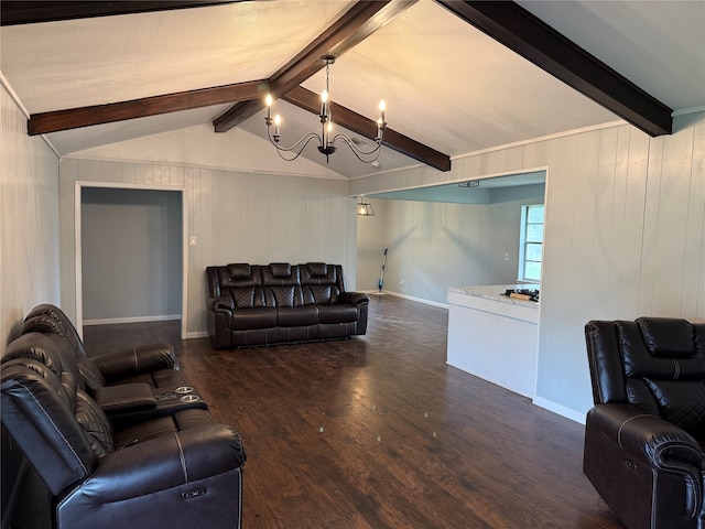 living room featuring a chandelier, vaulted ceiling with beams, dark hardwood / wood-style flooring, and wooden walls