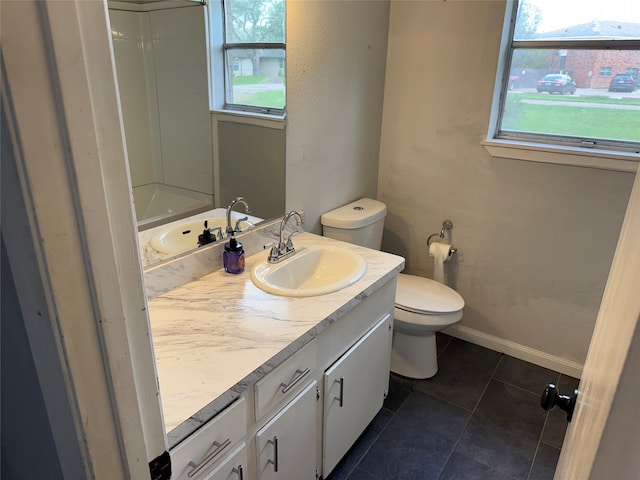 full bathroom featuring tile patterned flooring, vanity, toilet, and tub / shower combination