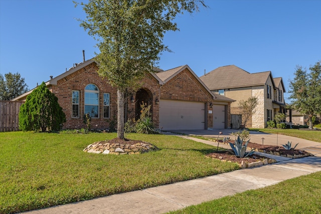 view of front of house with a front yard and a garage