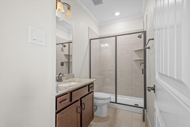 bathroom featuring walk in shower, vanity, crown molding, tile patterned flooring, and toilet