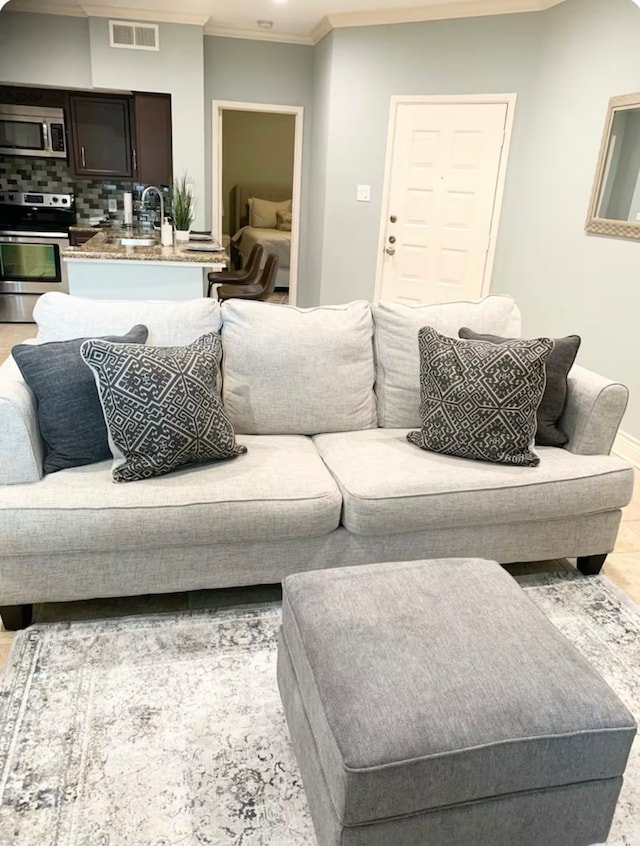 living room featuring crown molding and sink