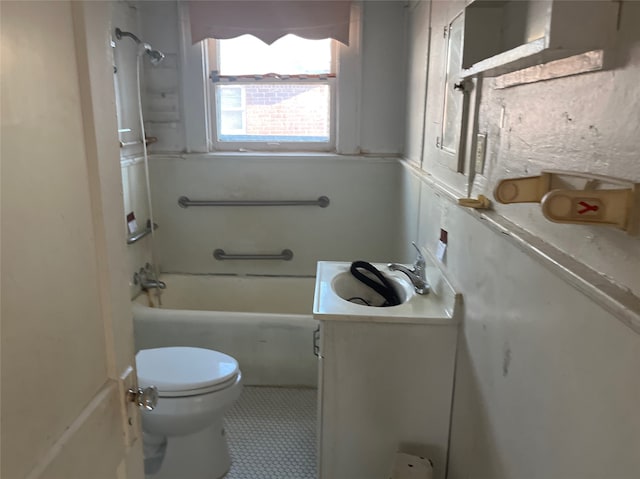 full bathroom with tile patterned floors, shower / washtub combination, vanity, and toilet