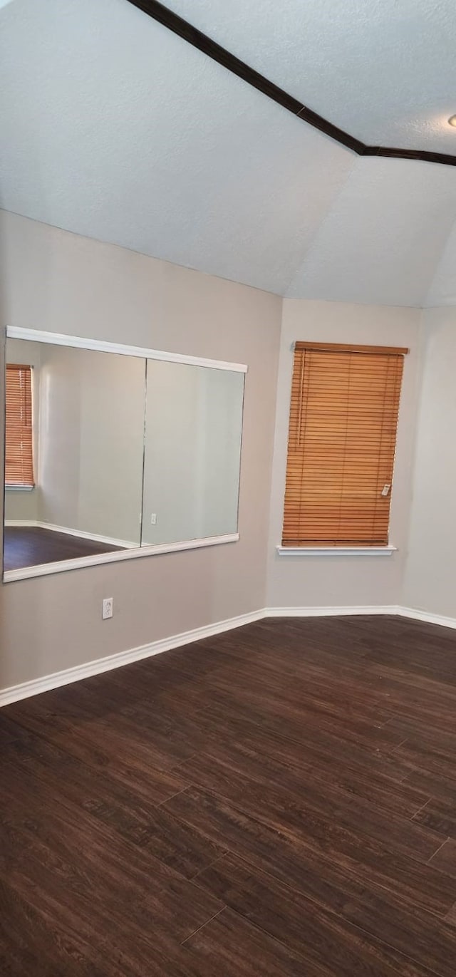 empty room with dark hardwood / wood-style flooring and vaulted ceiling