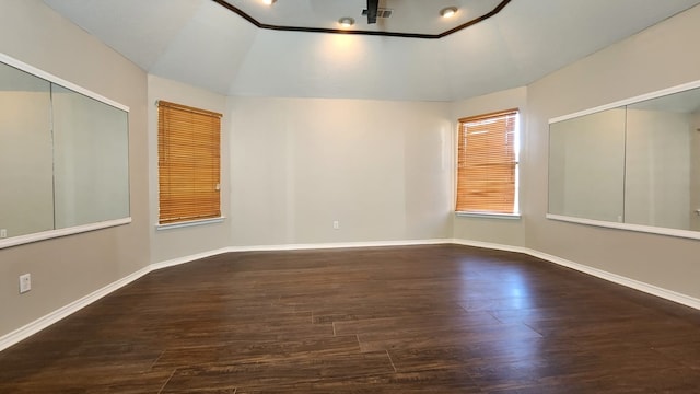 empty room with dark hardwood / wood-style flooring and lofted ceiling