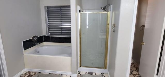 bathroom featuring shower with separate bathtub and tile patterned floors