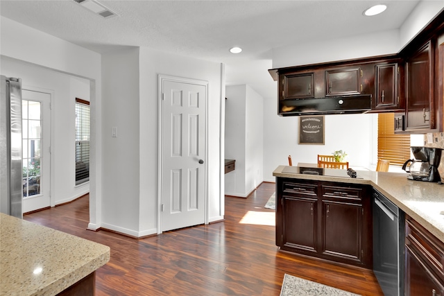 kitchen with light stone counters, dark brown cabinetry, dark wood-type flooring, and appliances with stainless steel finishes