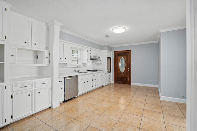 kitchen with stainless steel appliances, crown molding, sink, light tile patterned floors, and white cabinets