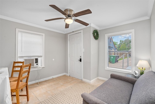 interior space with ceiling fan, cooling unit, and crown molding