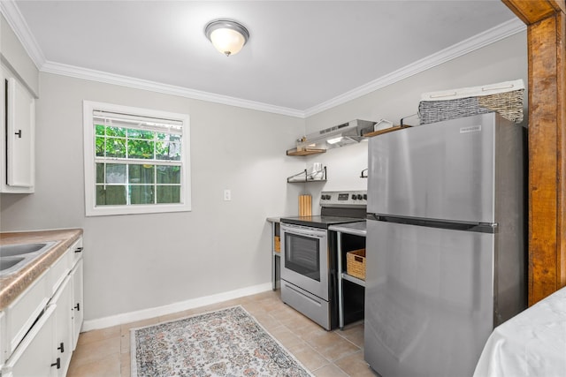 kitchen with ventilation hood, stainless steel appliances, white cabinetry, and crown molding