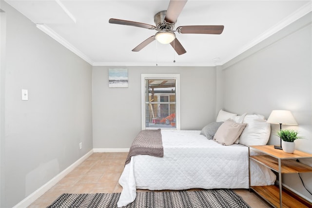 tiled bedroom featuring ceiling fan and crown molding