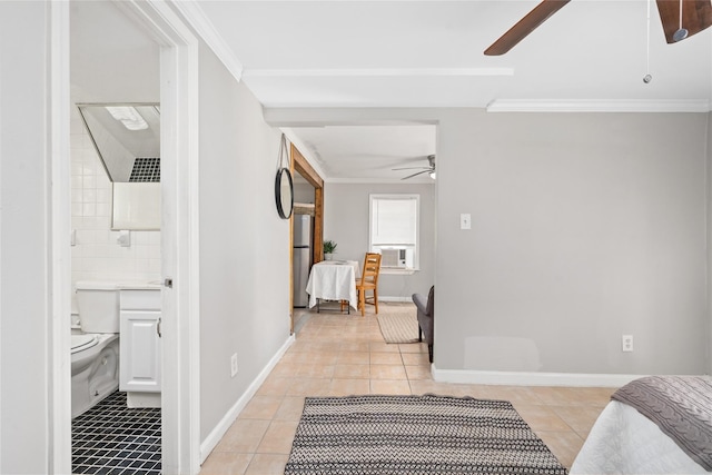 hall featuring cooling unit, crown molding, and light tile patterned floors