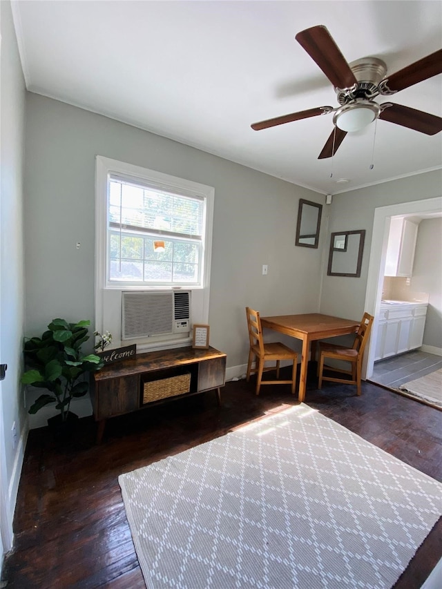 dining space featuring dark hardwood / wood-style floors, ceiling fan, and cooling unit