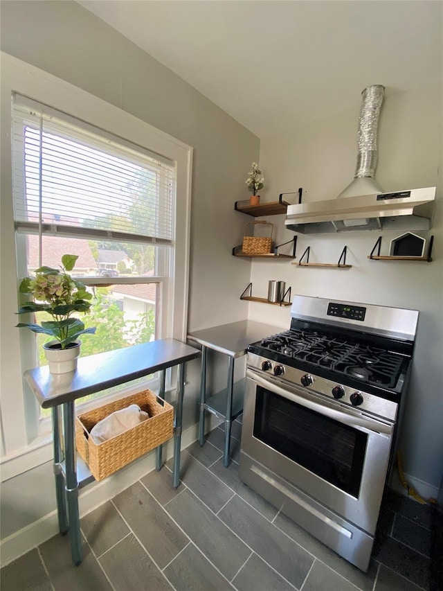 kitchen with exhaust hood and stainless steel range with gas stovetop