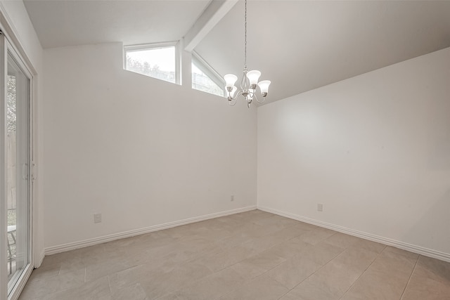 unfurnished room with vaulted ceiling with beams, an inviting chandelier, and light tile patterned flooring