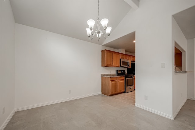 kitchen with stone counters, beamed ceiling, a notable chandelier, pendant lighting, and appliances with stainless steel finishes