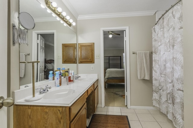 bathroom featuring tile patterned flooring, vanity, ceiling fan, and crown molding