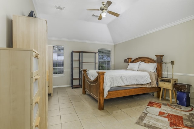 bedroom with ceiling fan, light tile patterned flooring, lofted ceiling, and crown molding