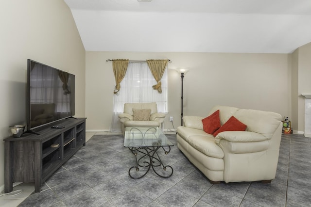 tiled living room with lofted ceiling