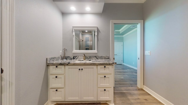 bathroom with hardwood / wood-style flooring and vanity