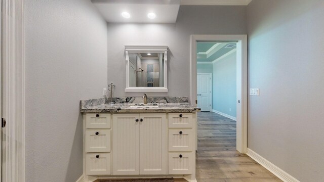 1819 Redfish Ln, Crystal Beach, TX 77650 - bathroom with wood finished floors, baseboards, vanity, and a shower