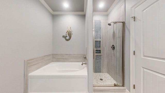 1819 Redfish Ln, Crystal Beach, TX 77650 - bathroom featuring a shower stall, crown molding, and a bath