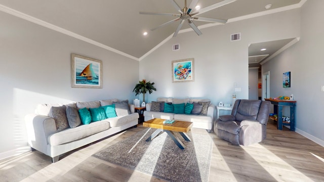 living room featuring ceiling fan, ornamental molding, high vaulted ceiling, and light hardwood / wood-style flooring