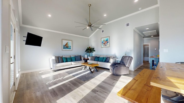 1819 Redfish Ln, Crystal Beach, TX 77650 - living area featuring ornamental molding, baseboards, wood finished floors, recessed lighting, and ceiling fan