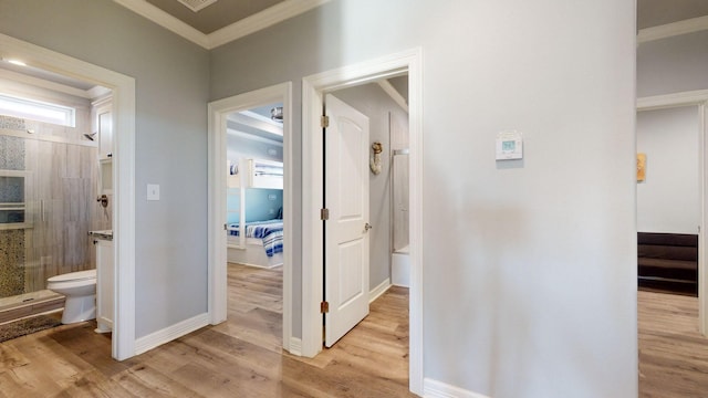 1819 Redfish Ln, Crystal Beach, TX 77650 - corridor featuring ornamental molding, light wood-type flooring, and baseboards