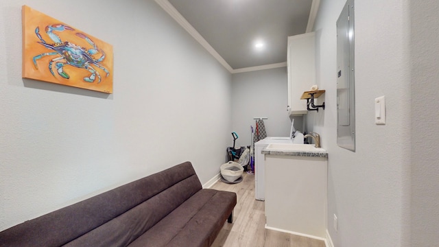 interior space featuring light hardwood / wood-style floors, washer / clothes dryer, and ornamental molding