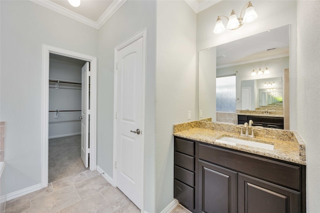 bathroom with vanity, tasteful backsplash, and crown molding