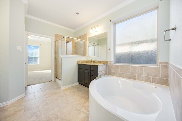 bathroom featuring vanity, separate shower and tub, and ornamental molding