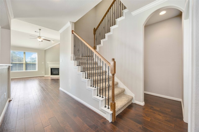 stairway with ceiling fan, wood-type flooring, and ornamental molding