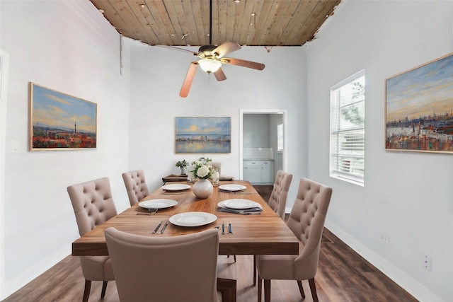 dining room featuring a high ceiling, dark hardwood / wood-style floors, ceiling fan, and wood ceiling