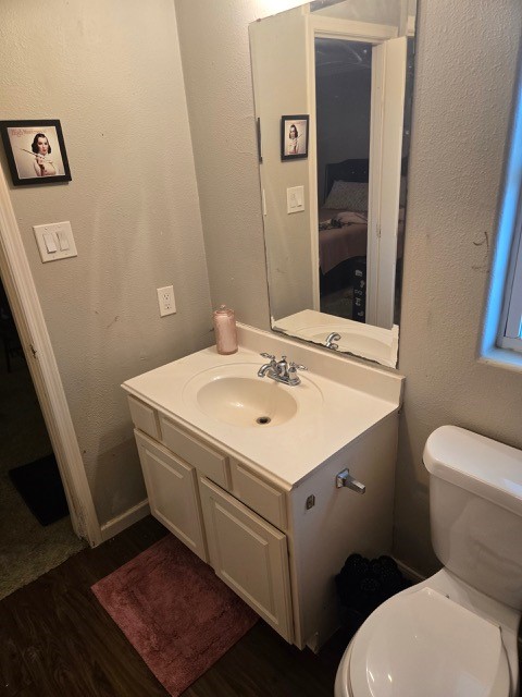 bathroom featuring vanity, toilet, and wood-type flooring